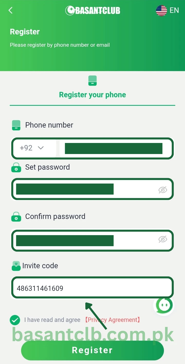 Enter invite code to register on Basant Club