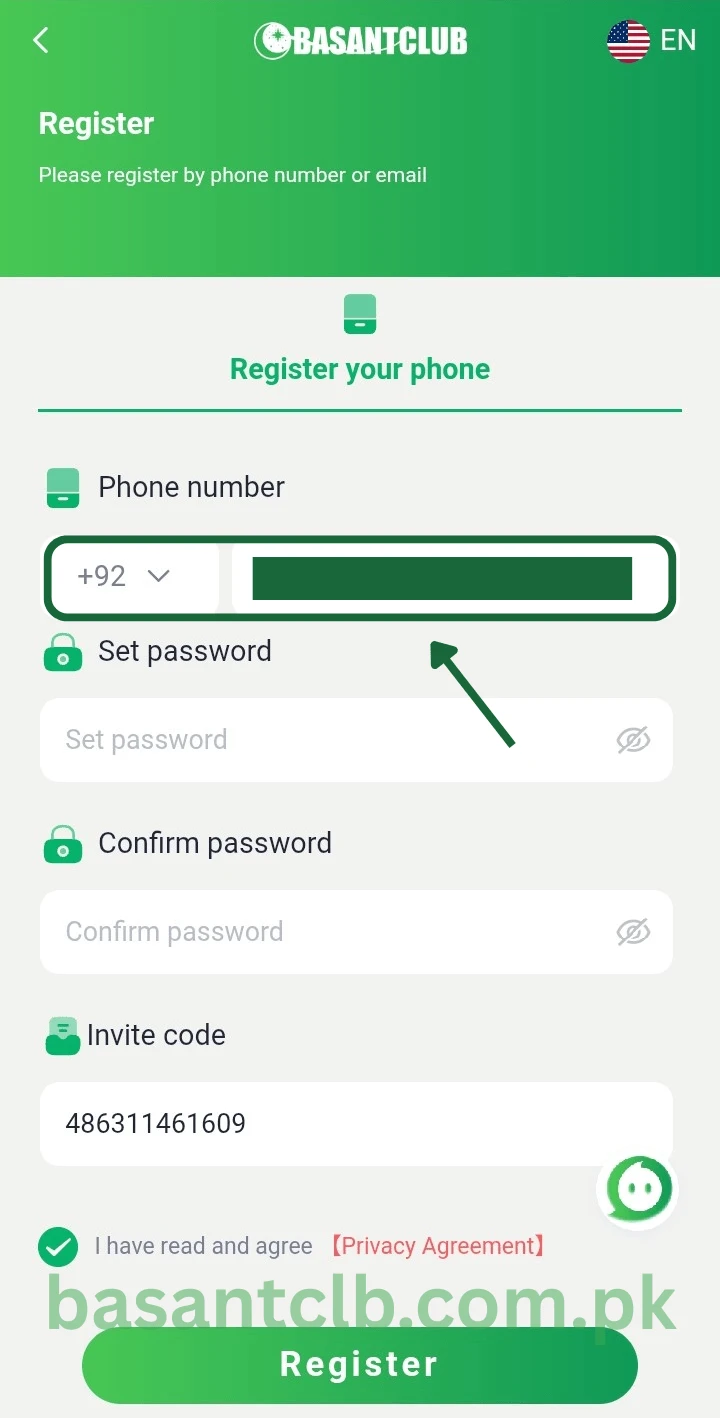 Enter phone number to register on Basant Club