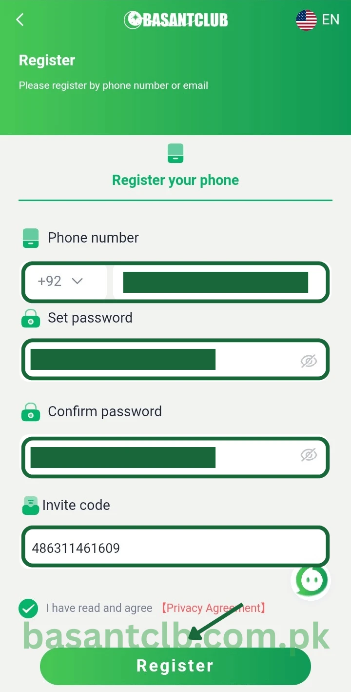 Press the register button on Basant Club