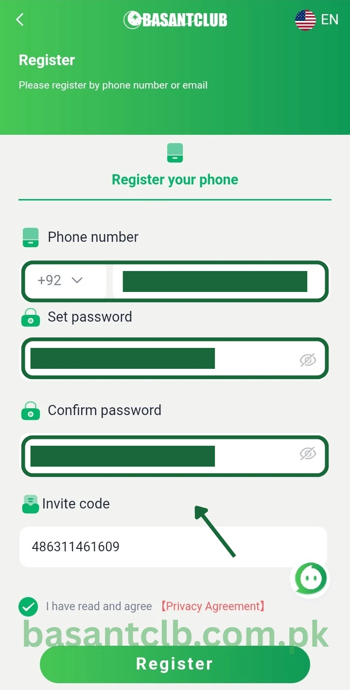 Select a strong password to register on Basant Club